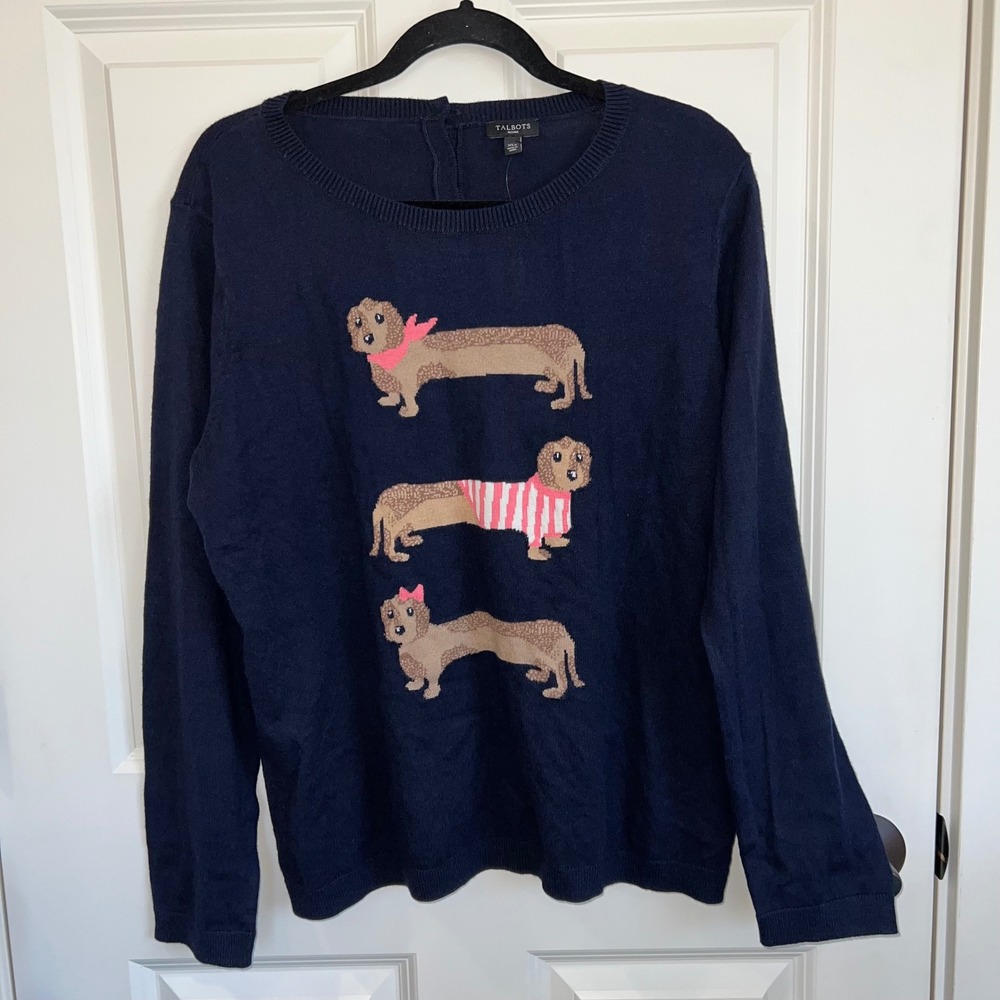 NWT Talbots Dachshund Crewneck‎ Long Sleeve Navy Sweater Size Petite XL